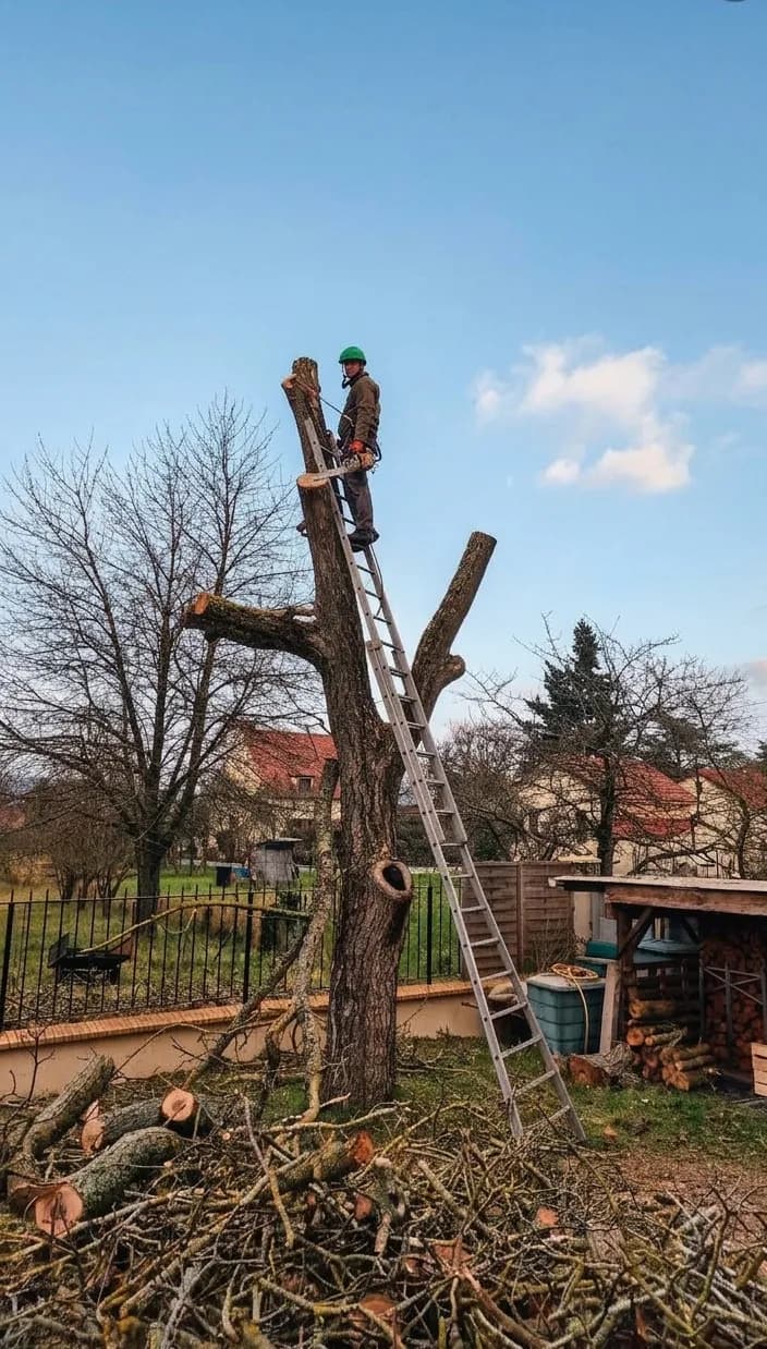 Elagueur cordiste en train d'abattre les branches d'un arbres